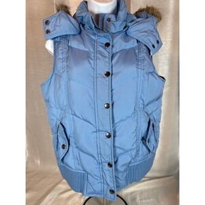 Light Blue Puffer Vest Hooded Faux Fur NEW YORK CLASSICS
